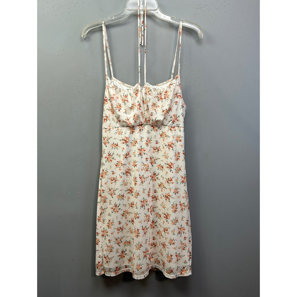 Caution to the Wind Mini Dress Womens Large White Floral Halter Empire Waist